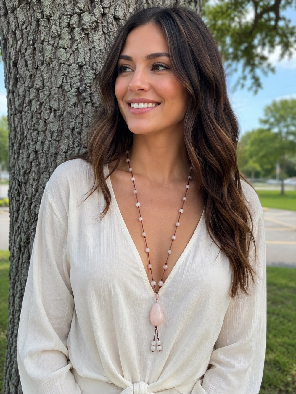 Handmade Rose Quartz Beaded Lariat Necklace - Pink